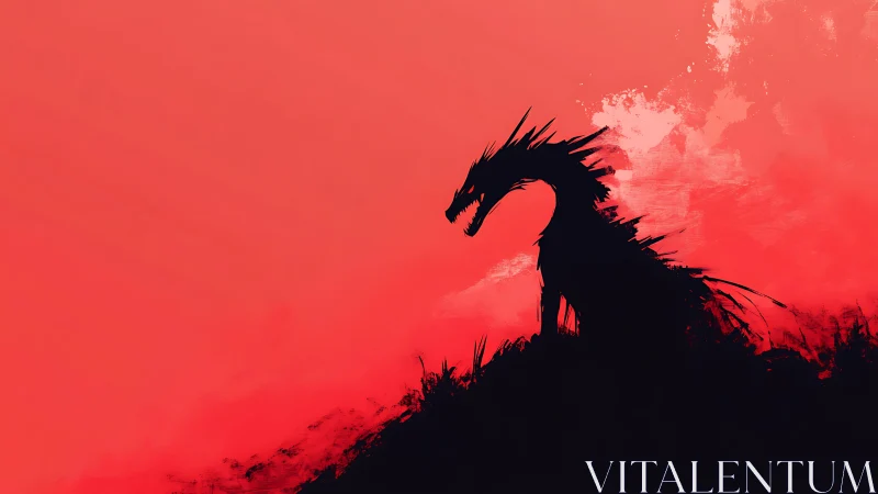 Dragon silhouette occupies foreground against red gradient sky