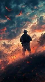 Solitary soldier silhouetted against apocalyptic burning sky