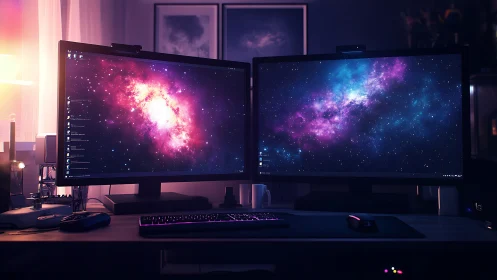 Dual widescreen monitors show bright galaxy space scenes