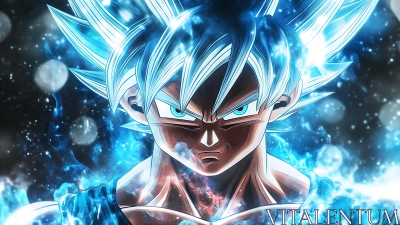 Blazing blue warrior charged with fierce cosmic focus.