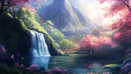 Petal-bright waterfalls whisper under dawnlit jade mountains