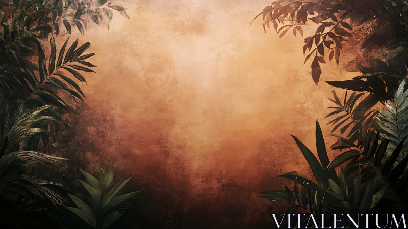 Warm jungle foliage framing a softly glowing sunset wall.