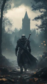 Digital painting of lone knight approaching gothic cathedral.