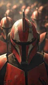 Armored sci fi trooper leads red squad in battle haze.