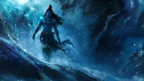 Divine blue figure strides through swirling cosmic ice storm.