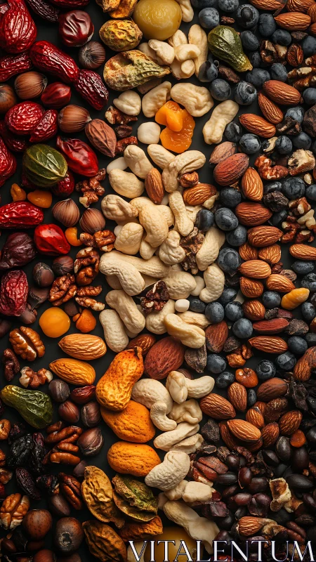 Mixed nuts and dried fruits are arranged in vertical bands
