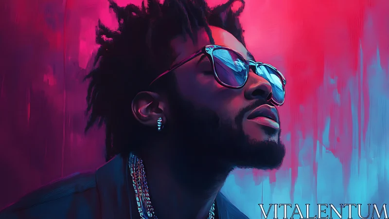 Neon-lit portrait with reflective sunglasses and dual color wash.