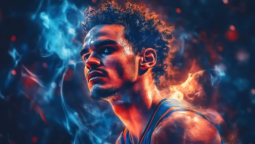 Fiery basketball portrait glows amid swirling blue smoke.