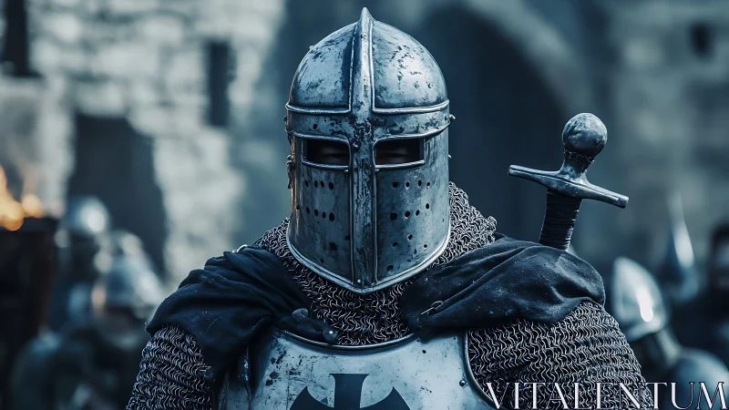 Medieval armored knight with great helm in stone courtyard.