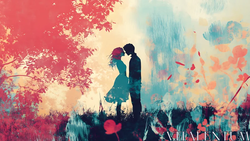 Couple Kissing Silhouette Amid Vibrant Floral Landscape