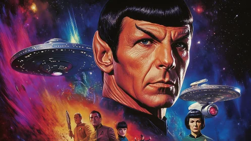 Starship crew montage with central alien officer portrait.