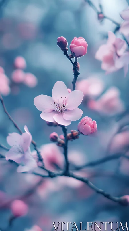 Delicate Pink Blossoms Wake in Spring's Blue Dream.