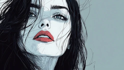 Wind-tossed gaze and red-lipped quiet thunderstorm portrait.