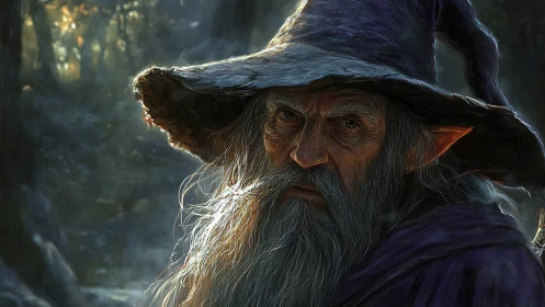 Old wizard portrait with pointed hat in dark forest setting.