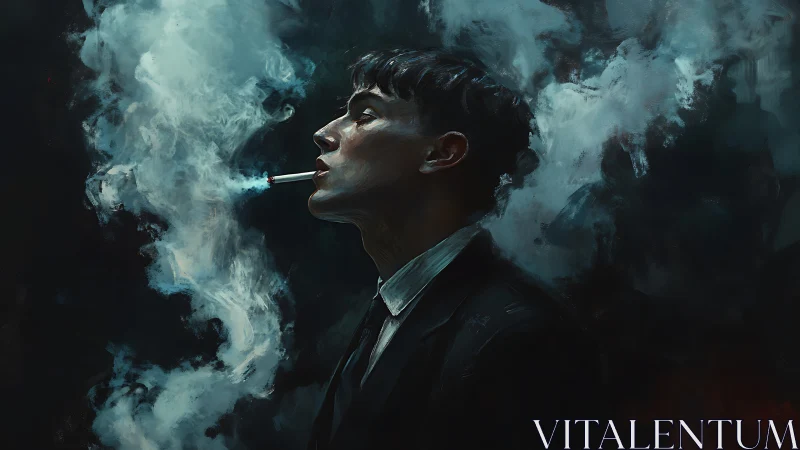 Moody portrait of a smoking man dissolving into swirling smoke