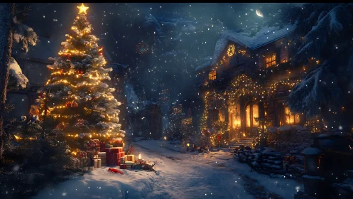 Snowy village house shows illuminated Christmas tree outside