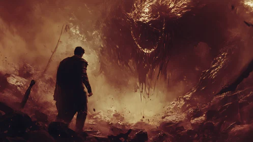Lone cloaked warrior confronting molten smokelike abyssal demon