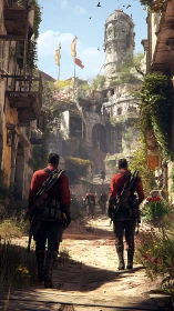 Armed patrol walking through decayed stone city street.