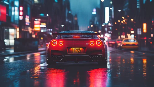 Nightcity supercar under neon rain with reflective streets.