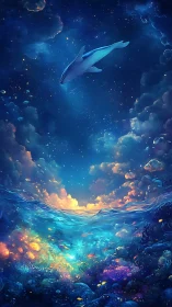 Dolphin above glowing reef under starry twilight sea.