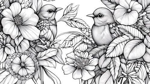 Two songbirds among detailed flowers, black and white line art.