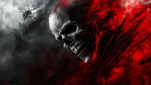 Skull form emerges between desaturated gray and dense red fields