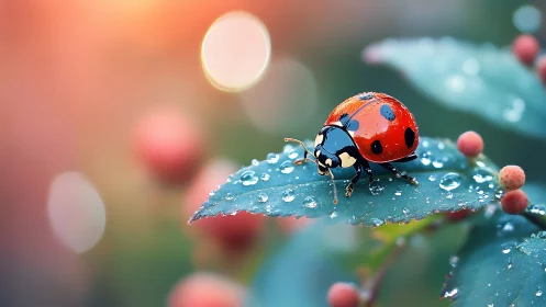 Macro optical study of ladybird on dew coated foliage.