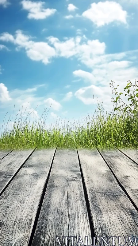 Weathered wooden deck facing summer grass and bright sky.