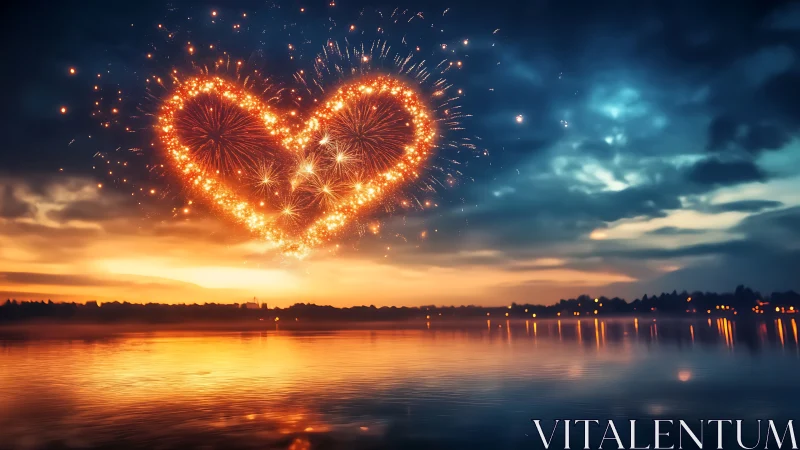 Heart-shaped pyrotechnic pattern forms above reflective lake