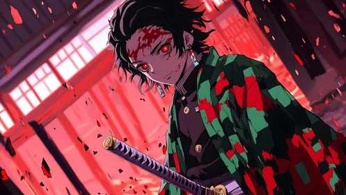 Sword-wielding figure stands in red-lit interior scene