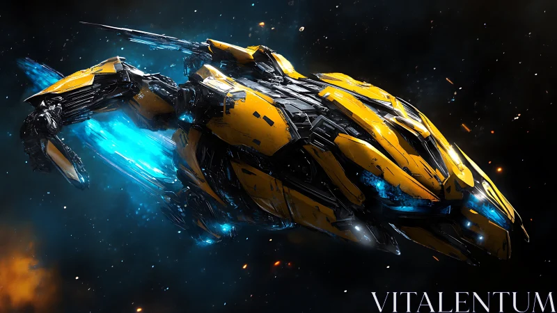 Sleek yellow starship carves a bright trail through deep space