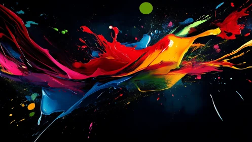 Chromatic paint splashes arc dynamically across black space