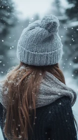 Soft snowfall moment with cozy knit hat and scarf.