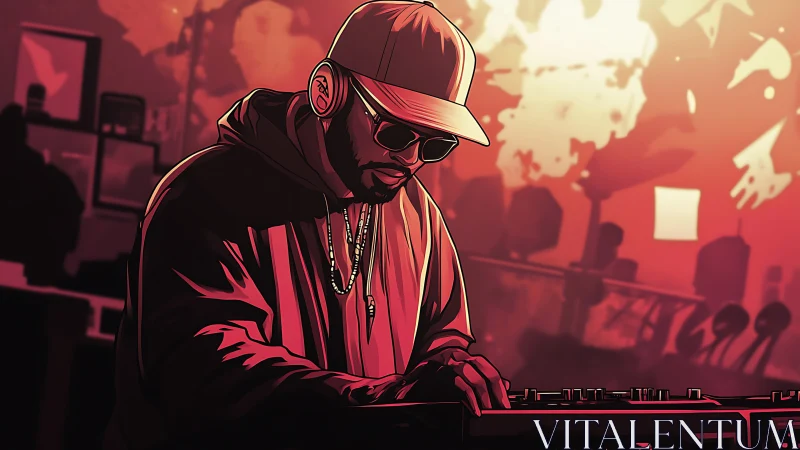 Urban DJ commands neon-lit decks in dramatic red glow.