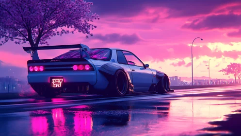 Modified coupe is parked on wet street in neon sunset light