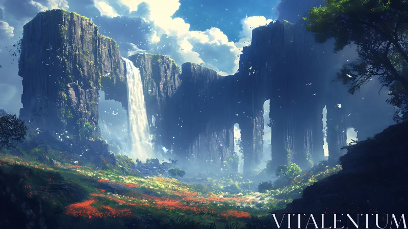 Sunlit waterfalls carve a hidden sanctuary through giant cliffs
