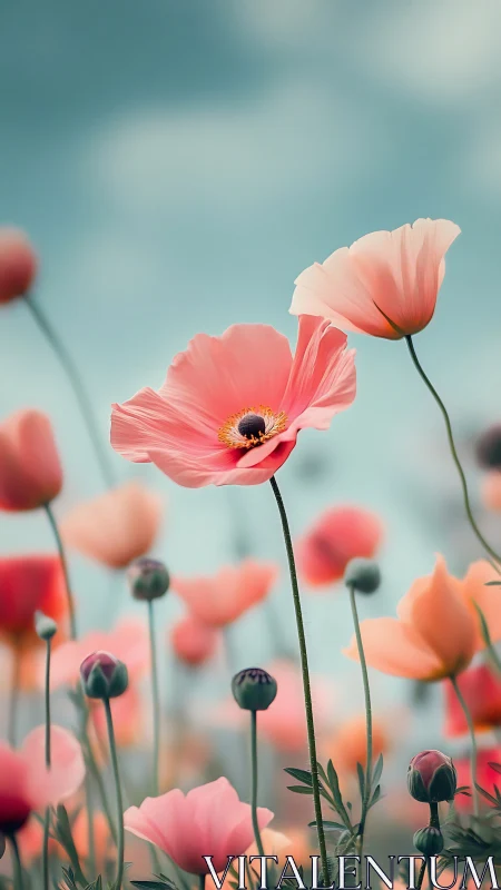 Vertical bokeh study of pastel poppies in shallow focus field.
