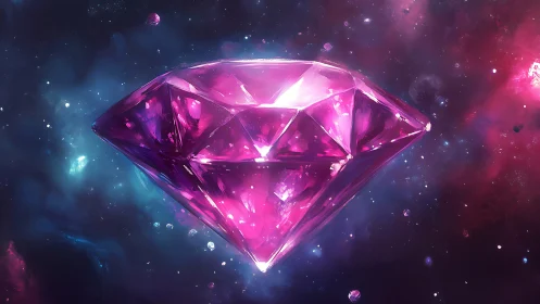 Pink faceted gemstone floats sharply rendered in deep space