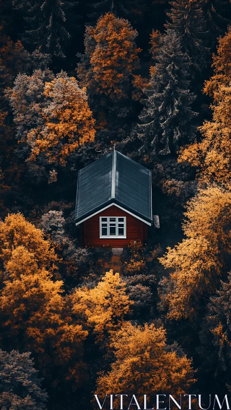Cozy red forest cabin embraced by glowing autumn trees.