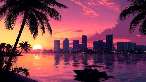 Neon sunset harbor skyline with lazy palms and quiet boat.