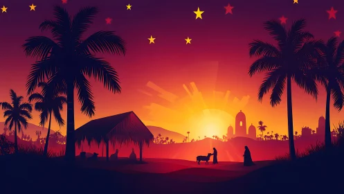 Nativity silhouette at radiant desert sunset horizon.