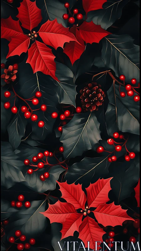 Holly leaves, red berries and pine cones pattern background.