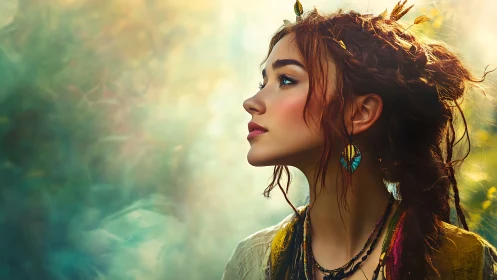 Side-profile portrait renders ethereal bohemian woman in light