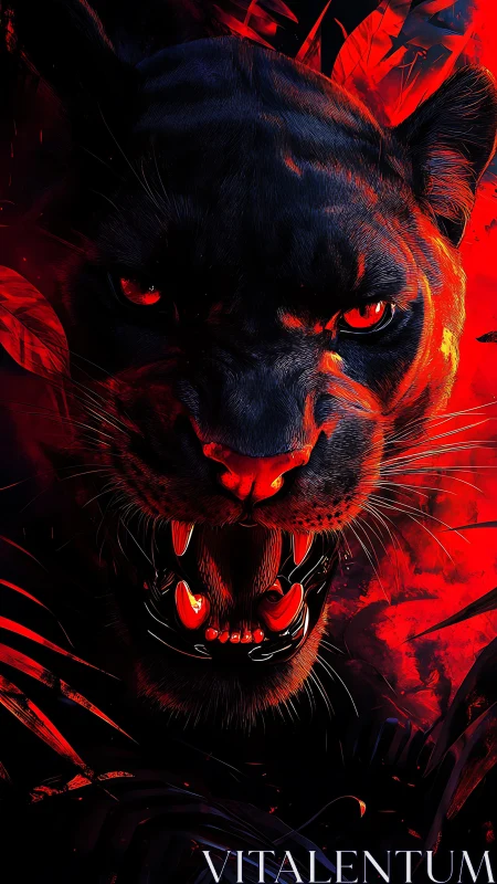 Menacing Black Panther with Glowing Red Eyes and Ethereal Flames.
