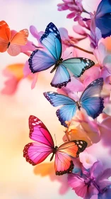 Multicolored butterflies on pastel blossoms with soft bokeh