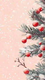 Snowy fir branches with red berries frame pastel winter scene