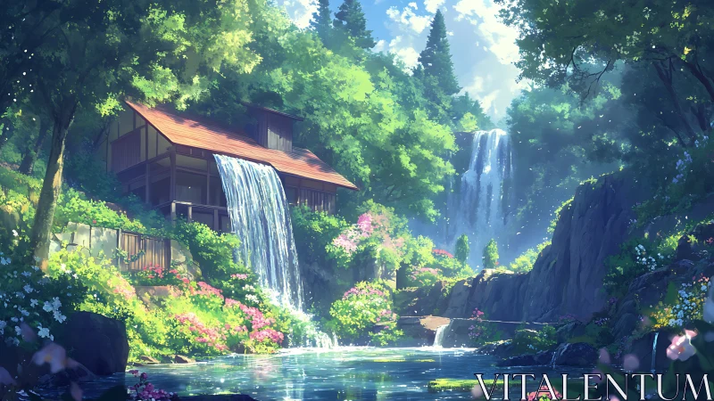 House above pond is integrated with twin cascading waterfalls