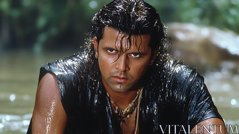 Wet-haired male subject in shallow water under soft diffused lighting