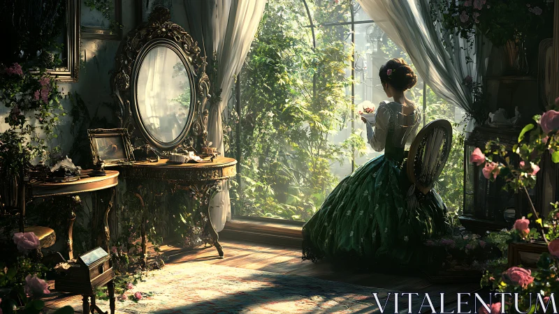 Woman in green dress sits by sunlit garden window
