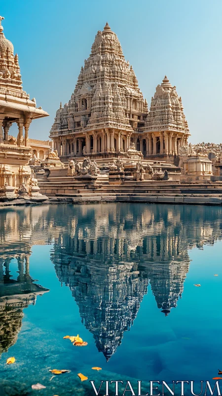 Twin temple spires shimmer in a sapphire reflection pool.